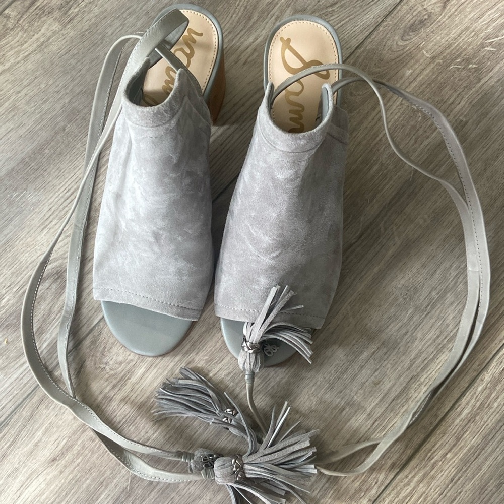 Sam Edelman gray suede open toe heeled booties
